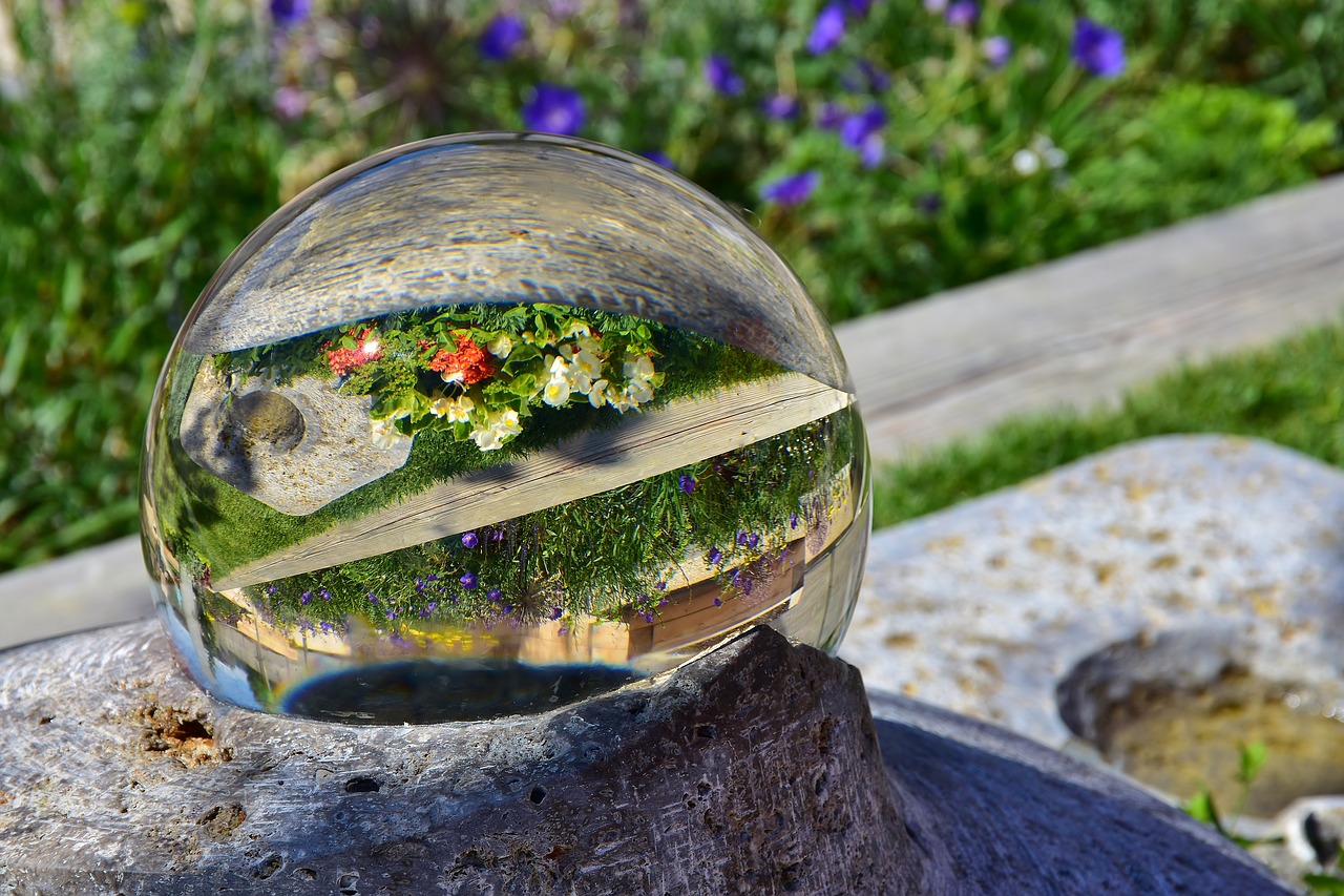 glass ball mirroring flowers free photo