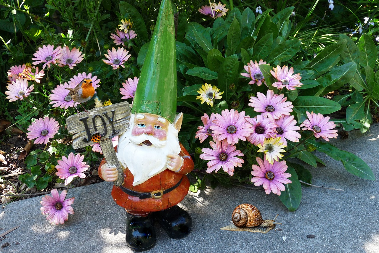 gnome in garden with robin free photo
