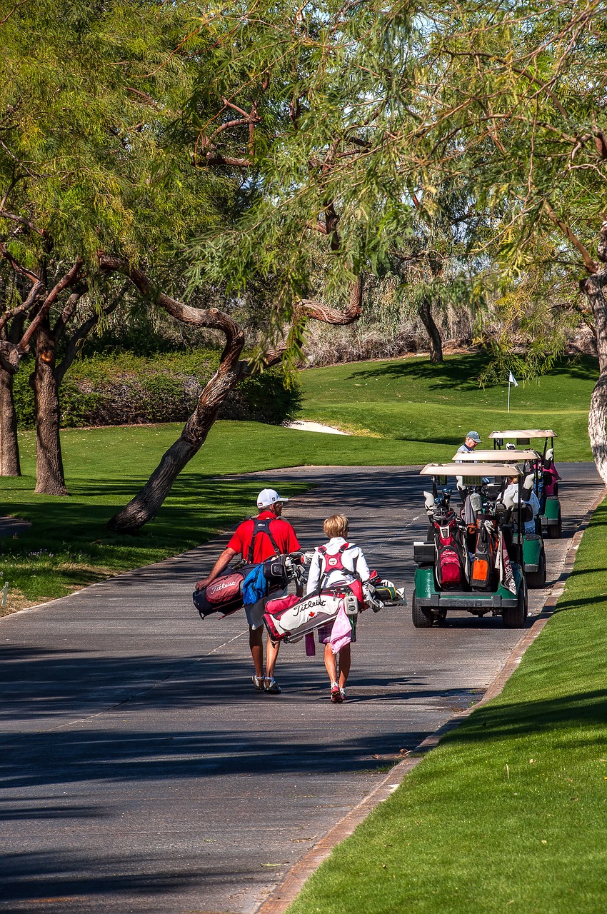 golfers golf carts pathway free photo