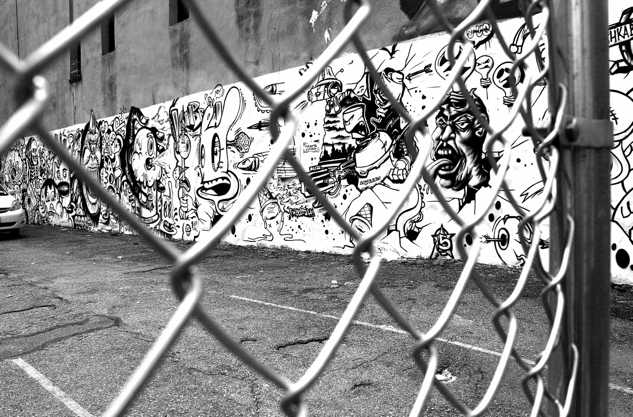 graffiti wire mesh fence black and white free photo