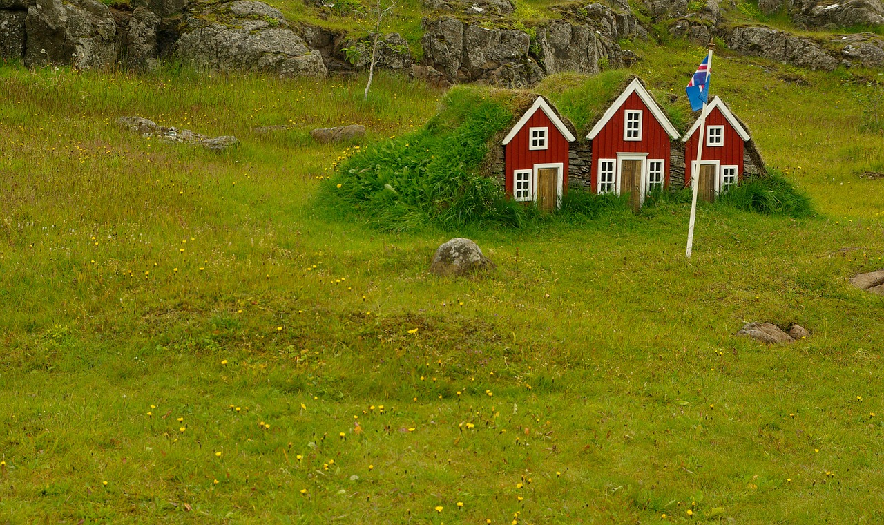 grass roofs iceland chalets free photo
