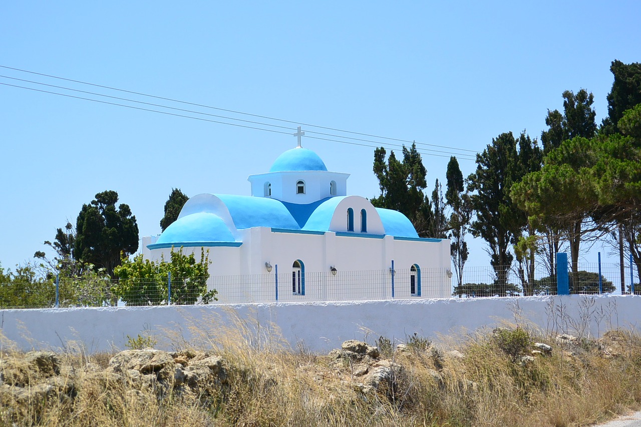 greek church blue domed roof free photo