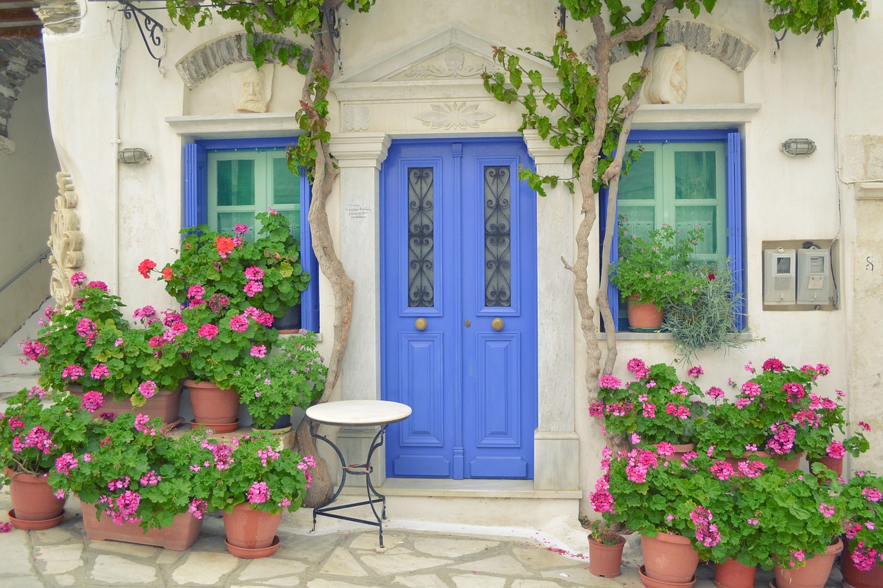 greek island door tinos island pyrgos dor with flowers free photo