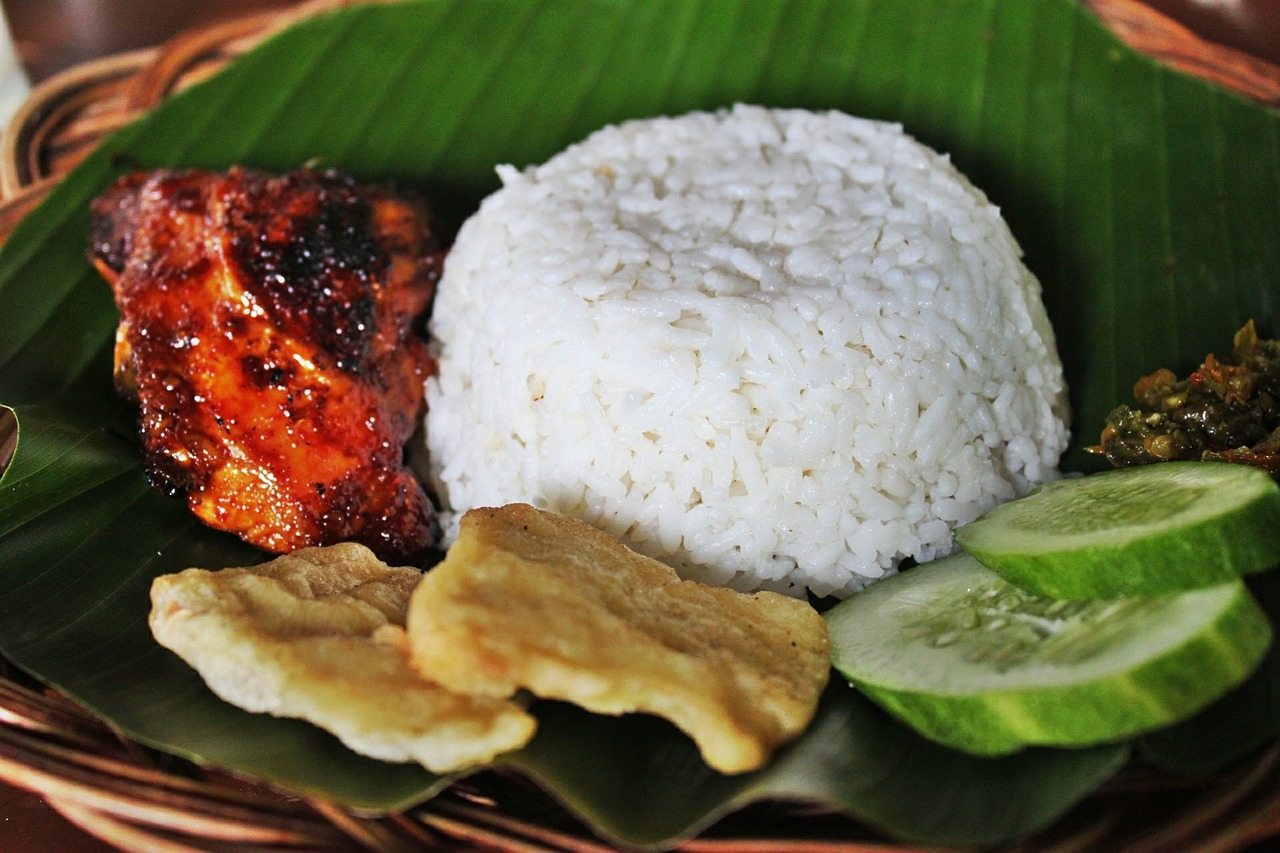grilled chicken white rice indonesian food free photo