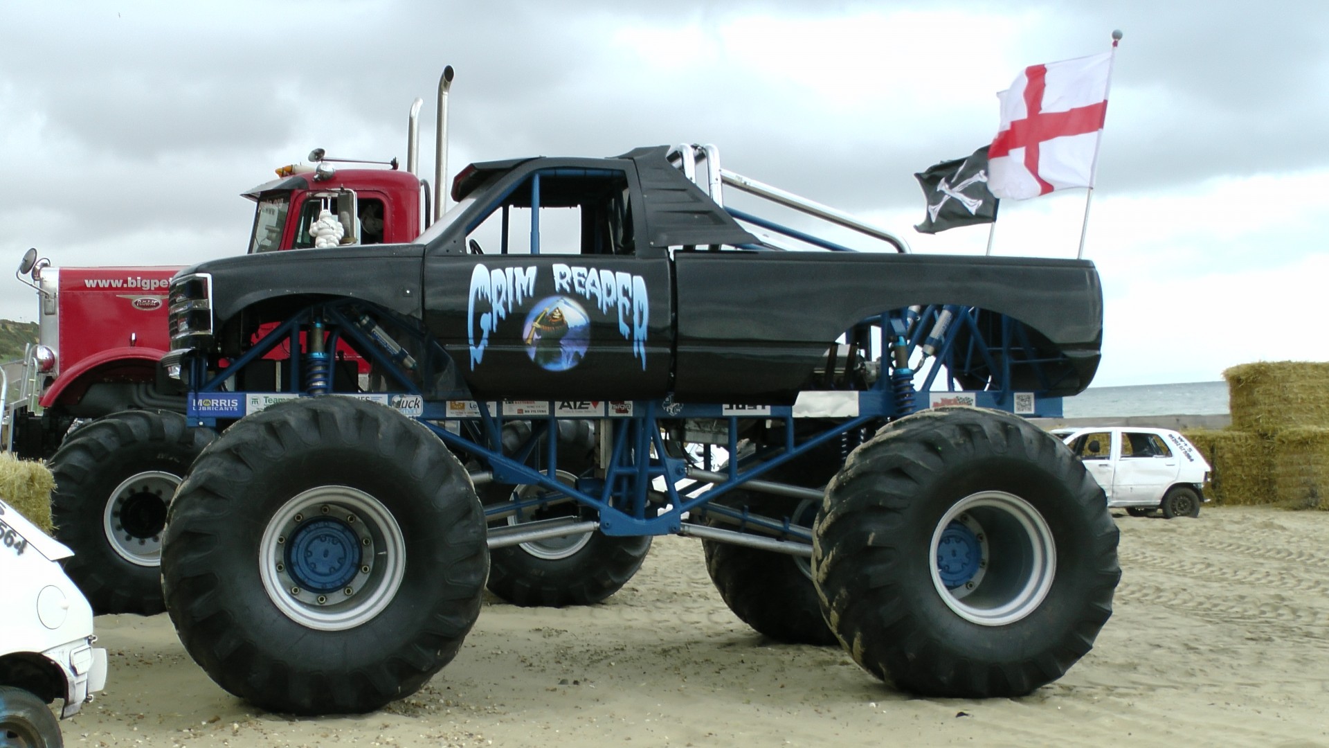 truck trailer grim reaper pickup truck monster wheels truck rear wheels free photo