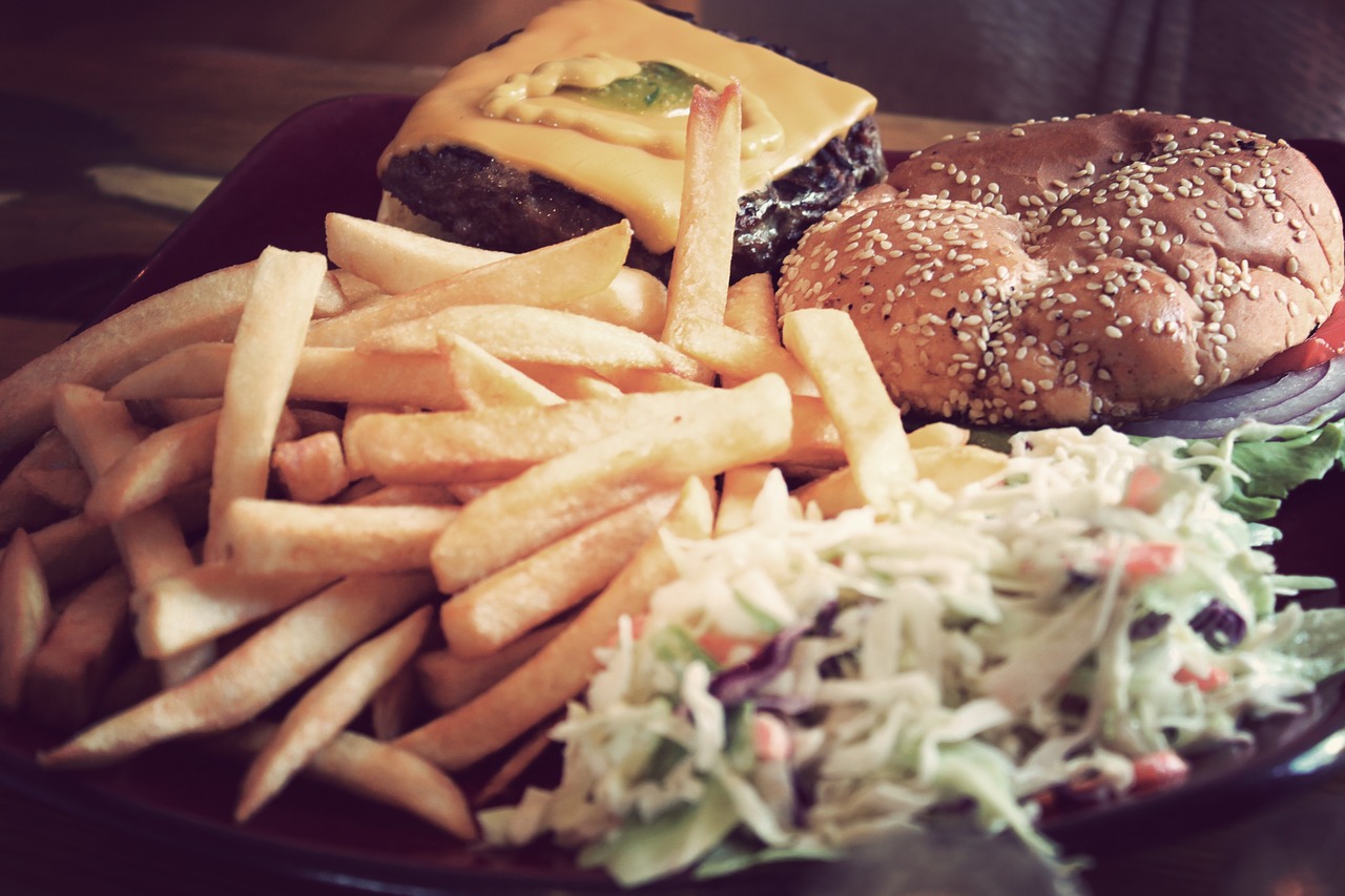 hamburger french fries coleslaw free photo