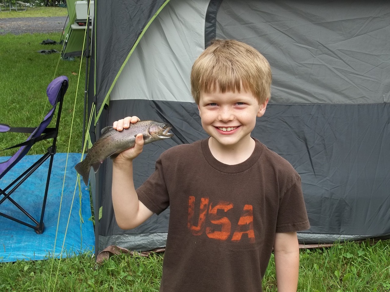 happy boy boy with fish summer camp free photo