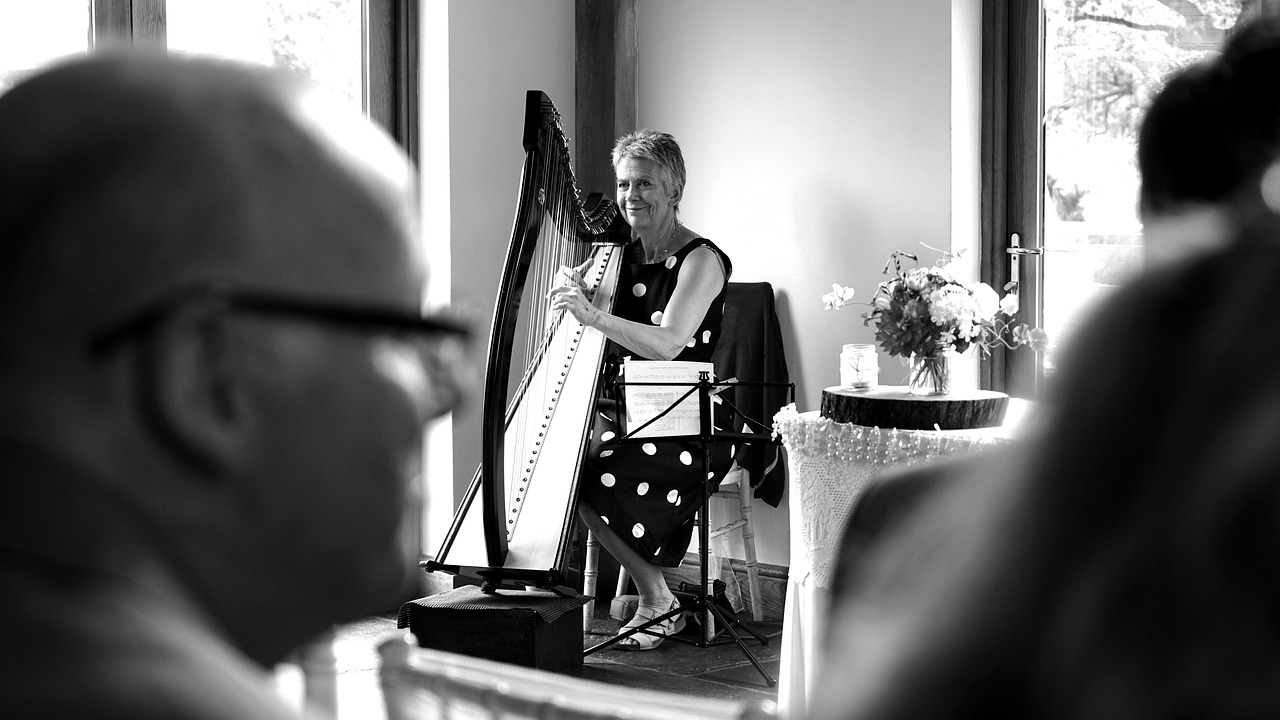 harp black and white instrument free photo