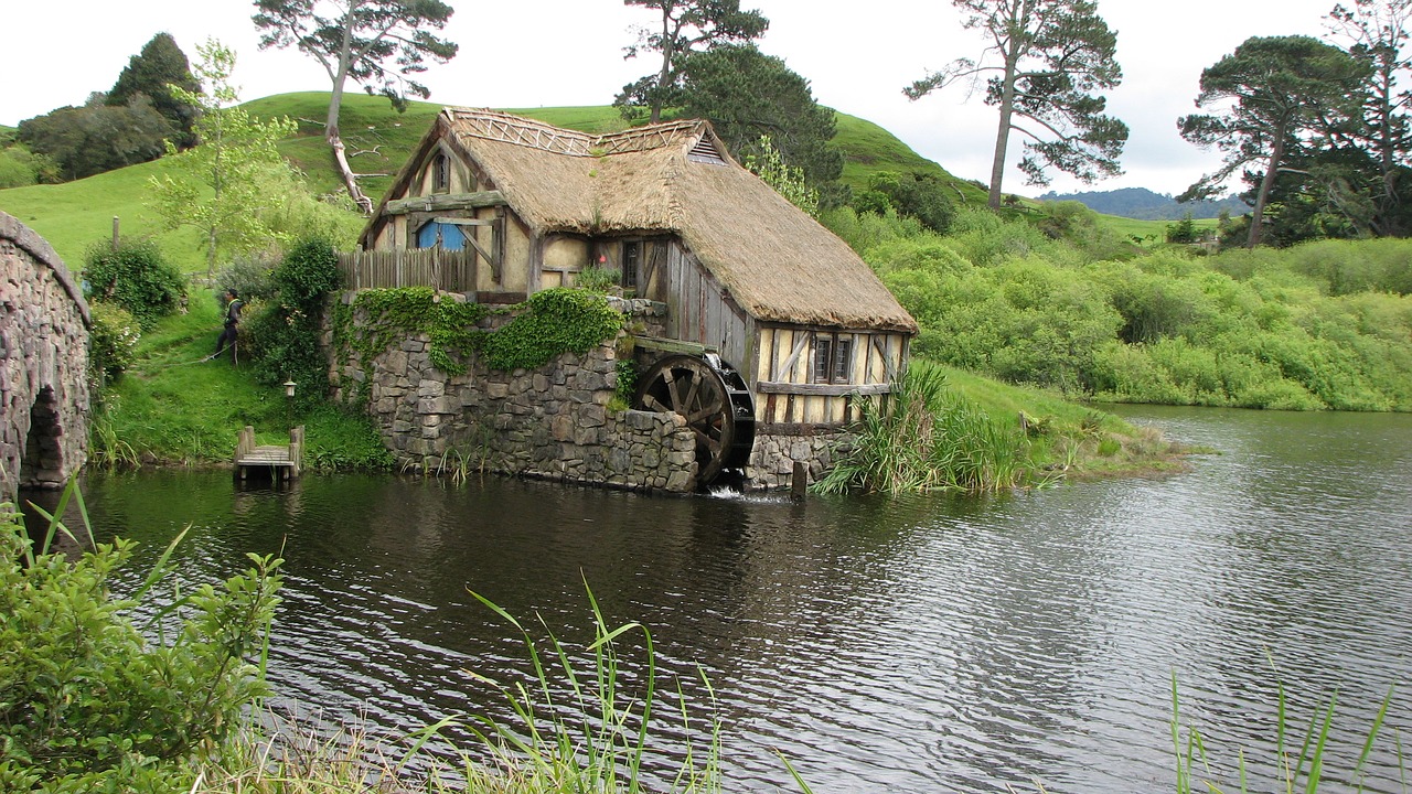 hobbiton landscape water mill free photo