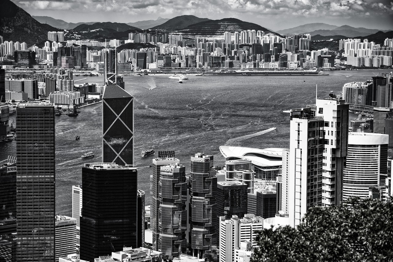 hong kong black and white skyline free photo