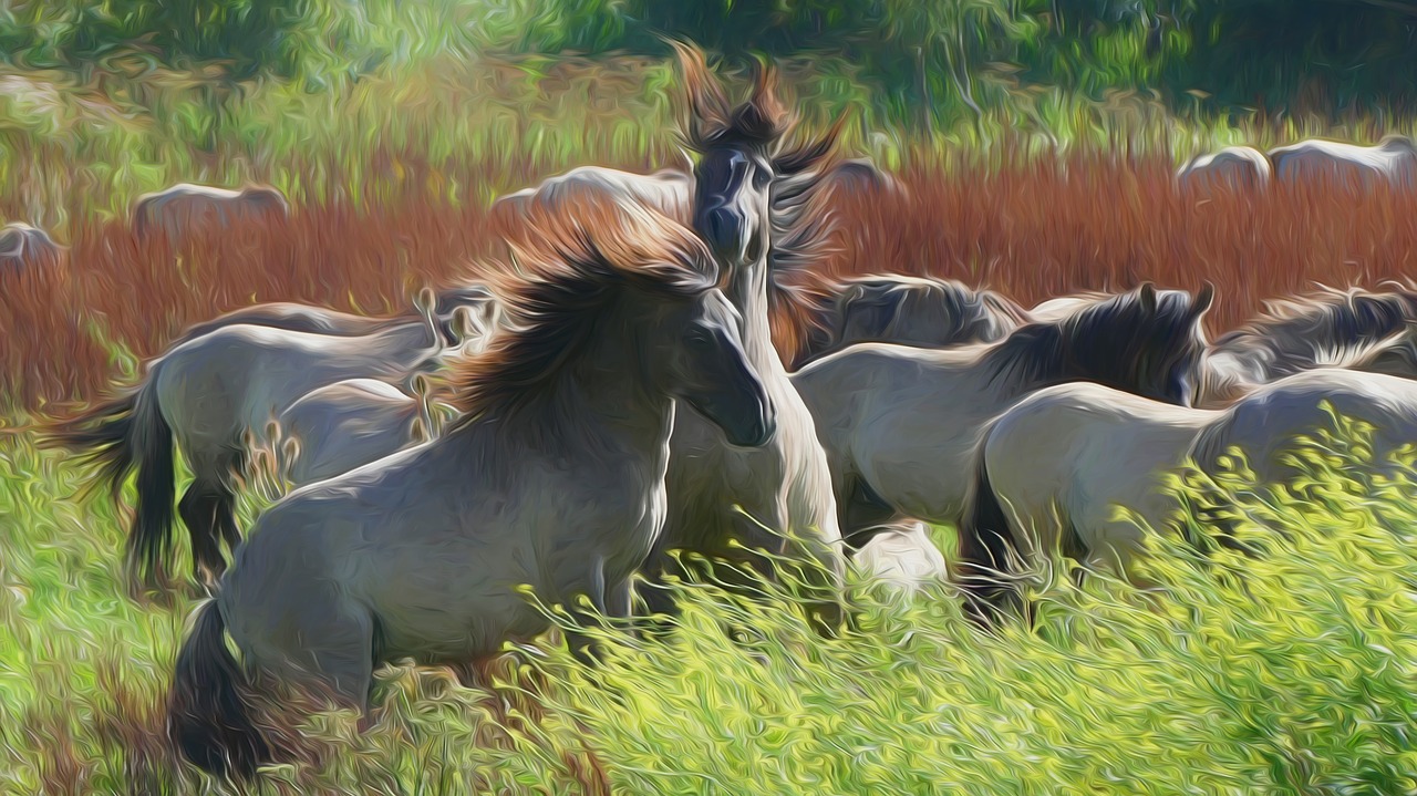 horses meadow willow painting free photo