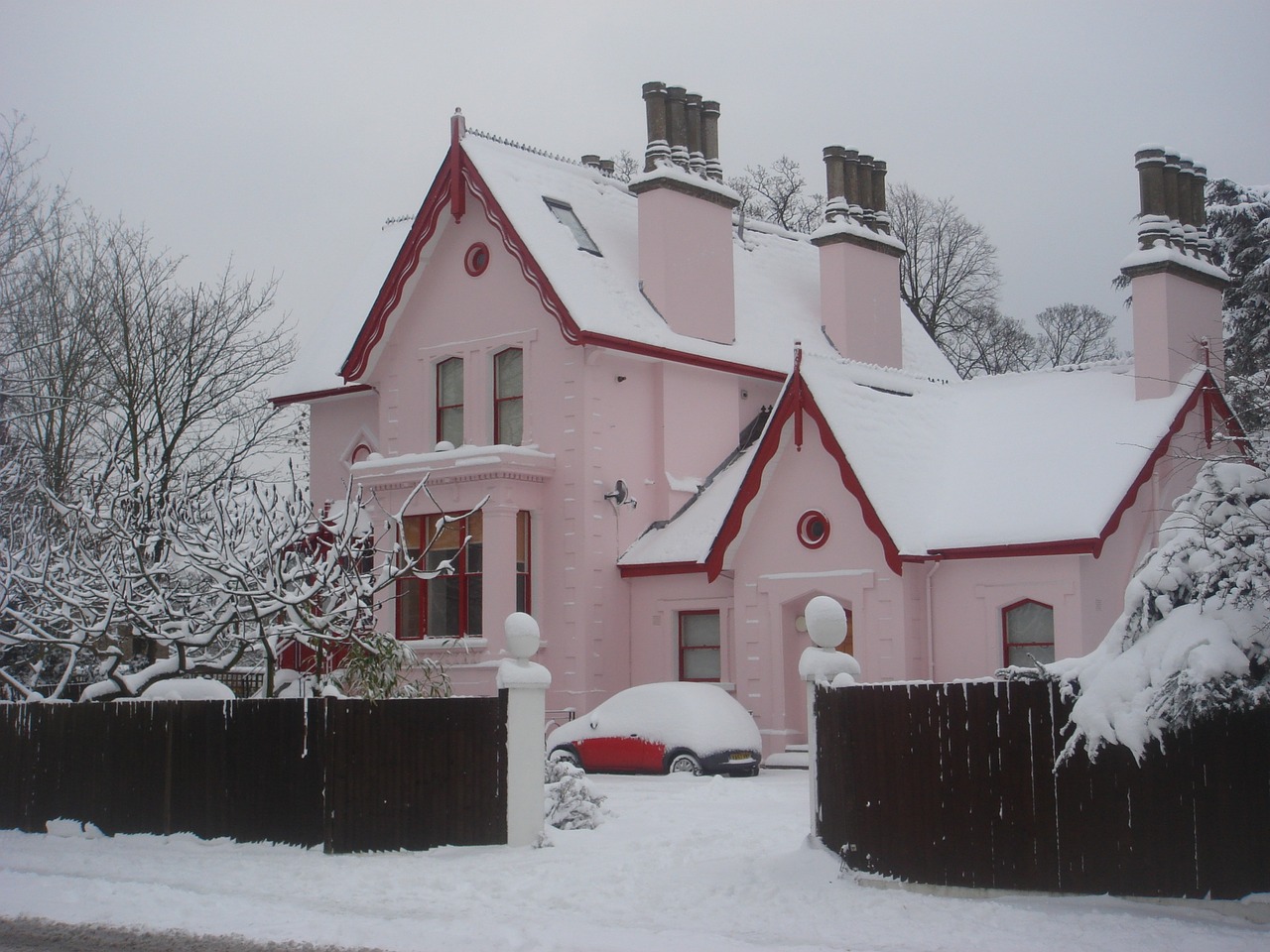 house snow pink free photo