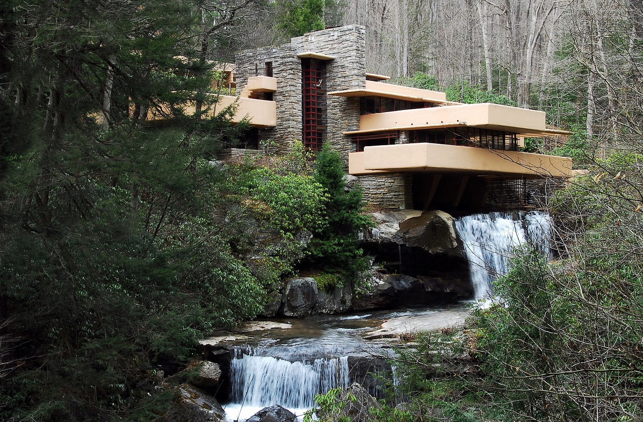 house in nature house falling water free photo