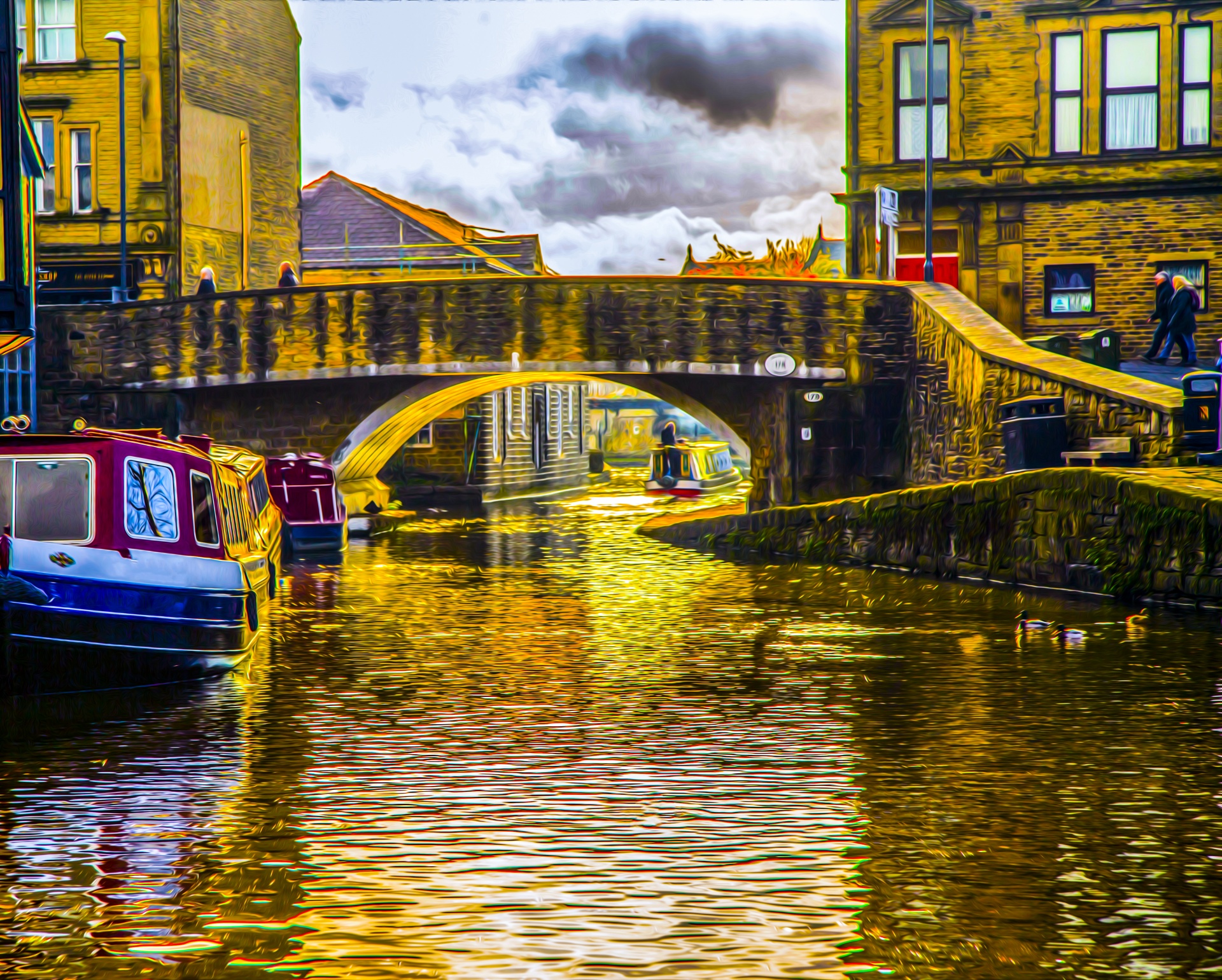 houseboat river oil painting free photo