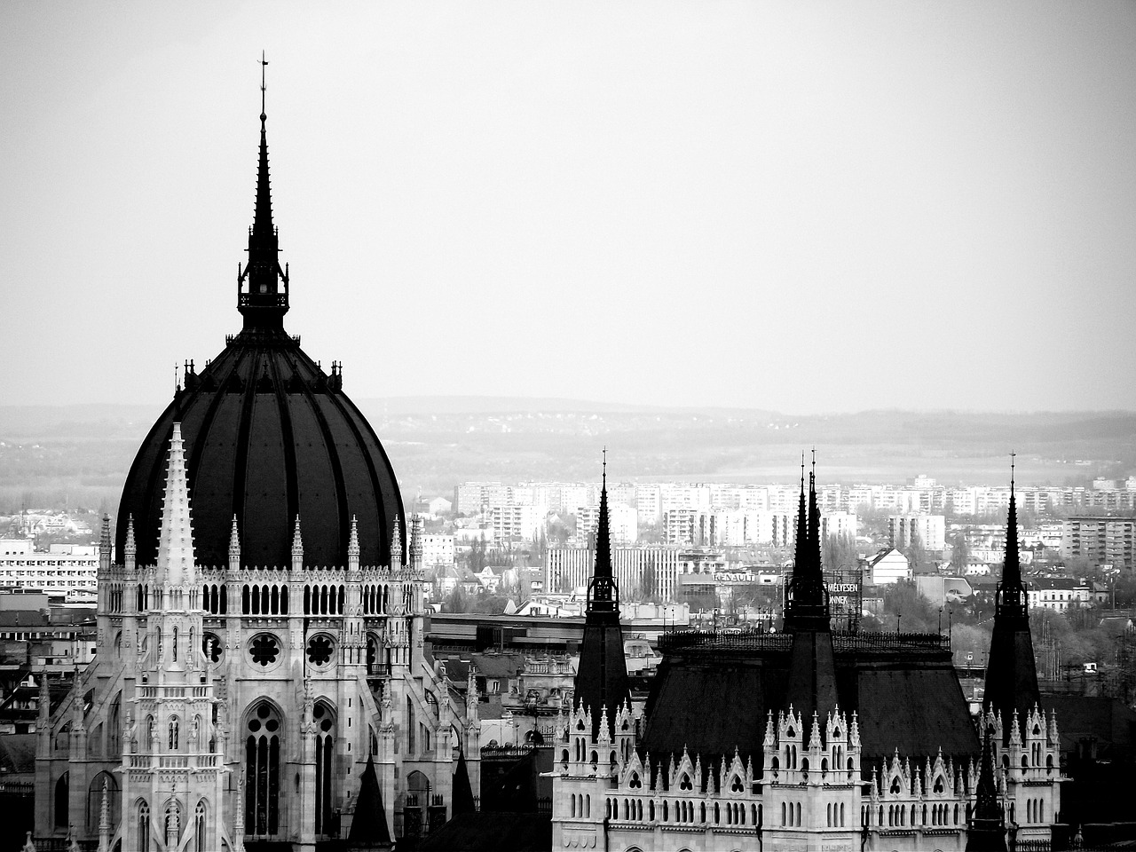 hungarian parliament vista black and white free photo