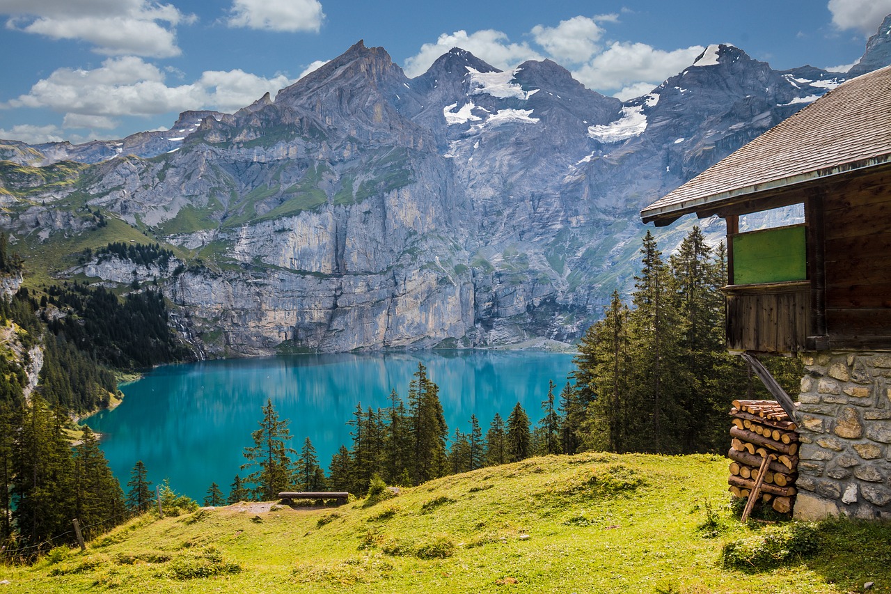 hut lake mountains free photo