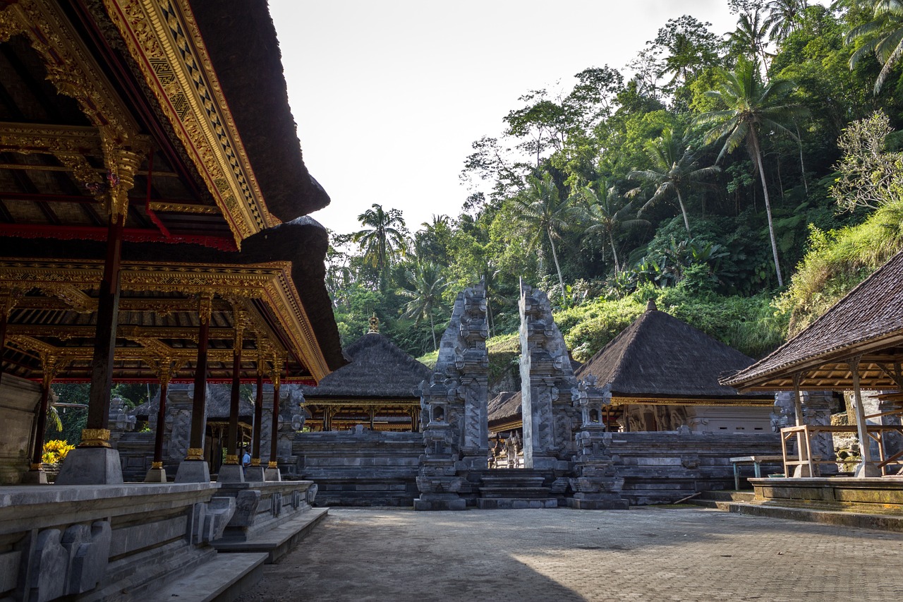 temple huts palm trees free photo