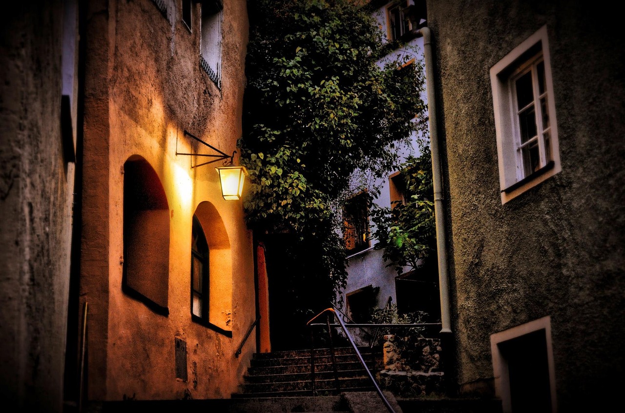 illuminated lantern alley stairs free photo