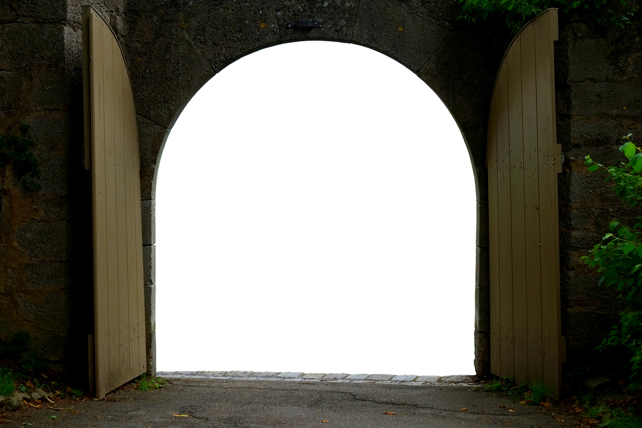 Темная арка. Открытые ворота. Огромные ворота. Арка в замке. Старинные ворота.