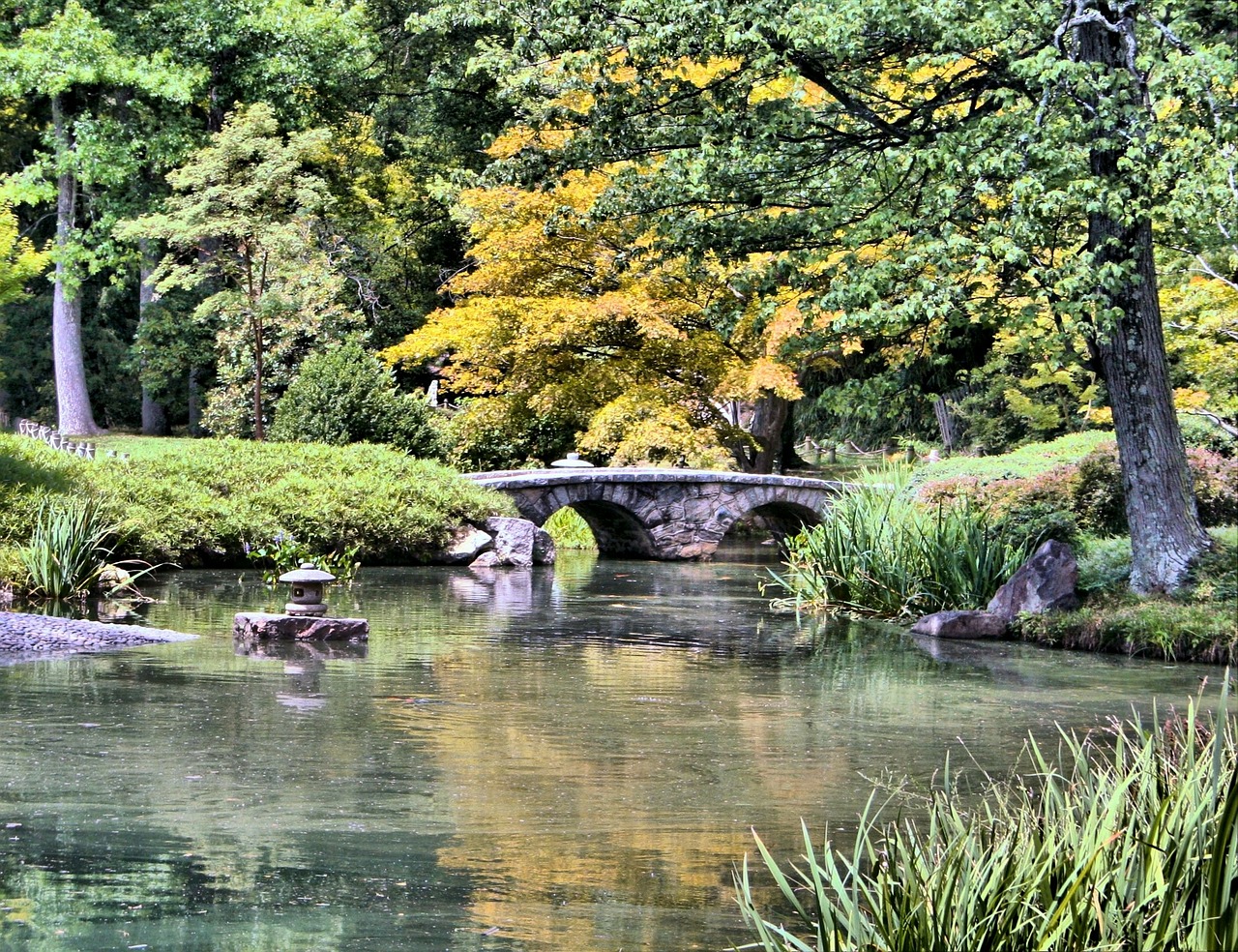 japanese garden stone bridge pond free photo
