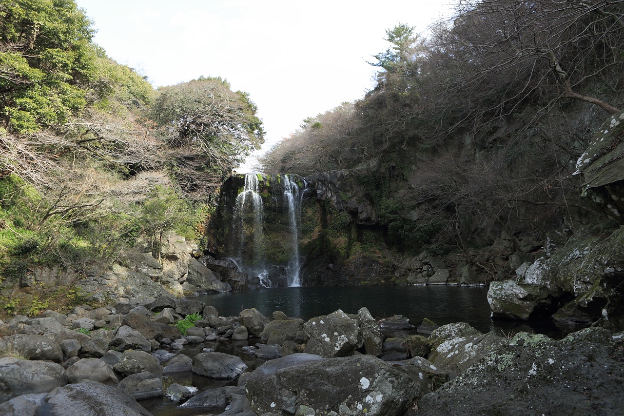 jeju island cheonjeyeon waterfall free photo