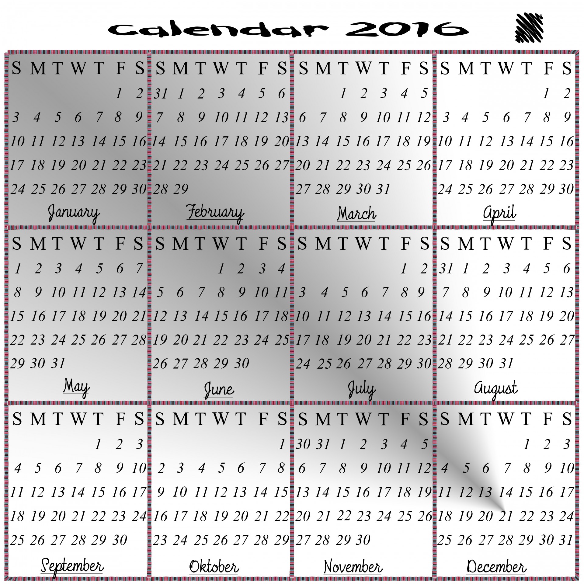 2016 calendar month year free photo