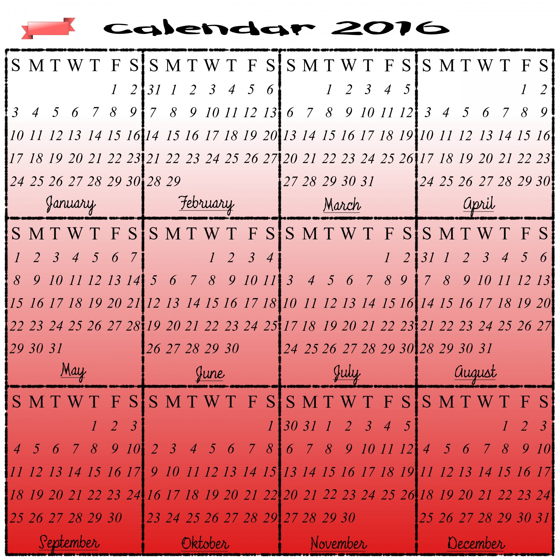 2016 calendar month year free photo