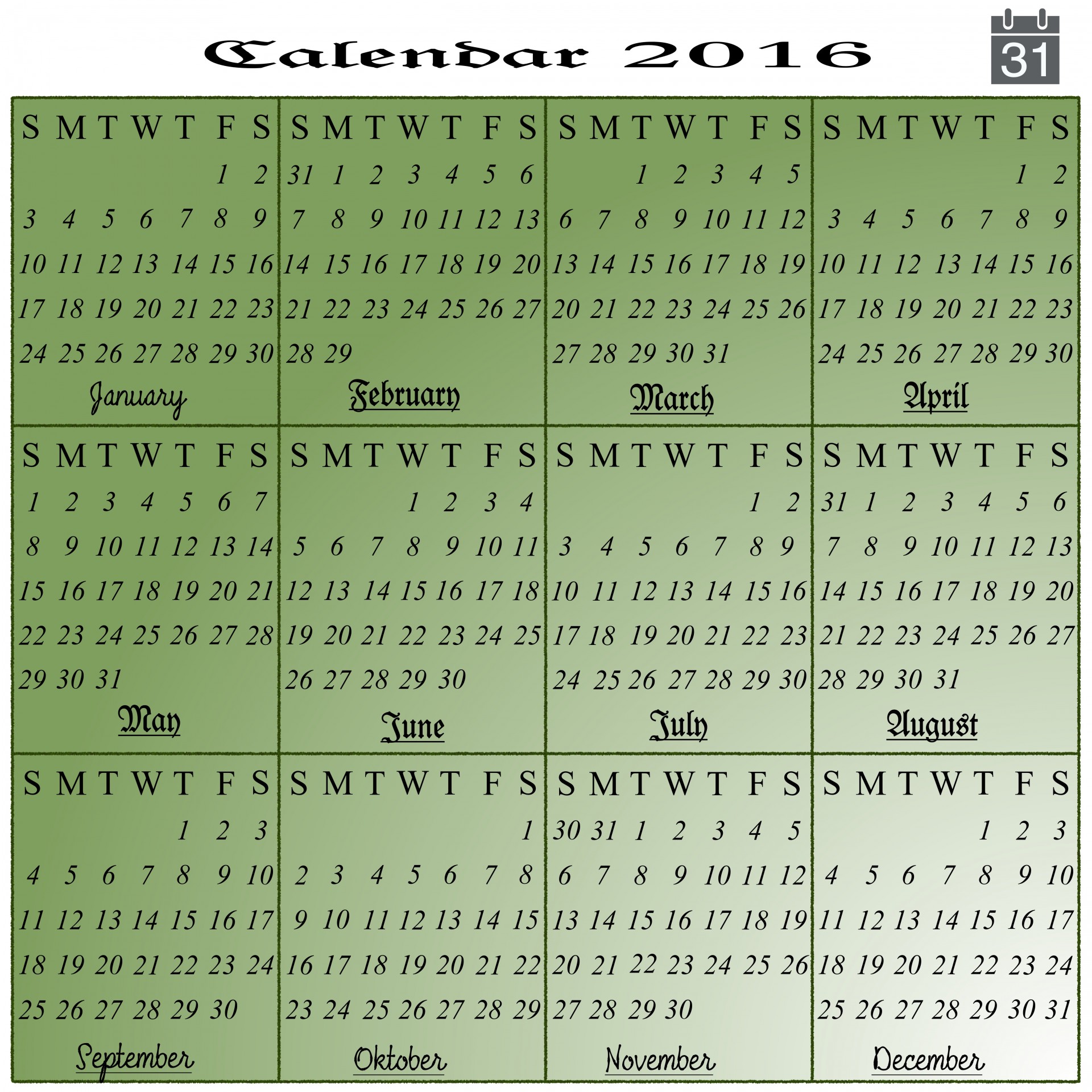 2016 calendar month year free photo