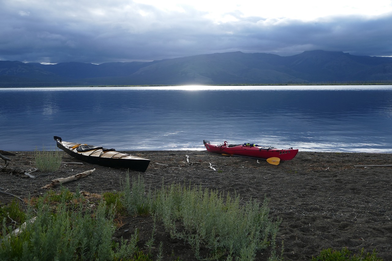 kayaks beached lake free photo