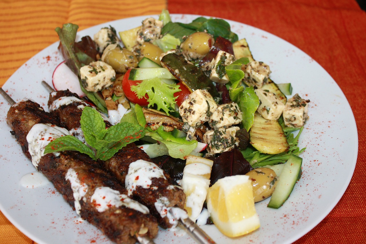 kebabs greek salad mediterranean free photo