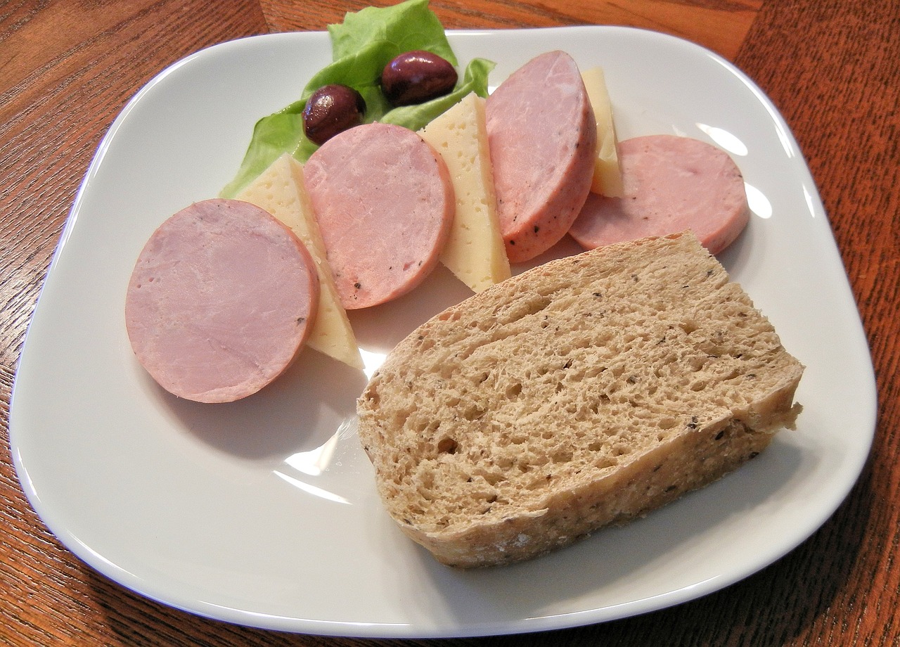 kielbasa sausage jarlsberg cheese olive bread free photo