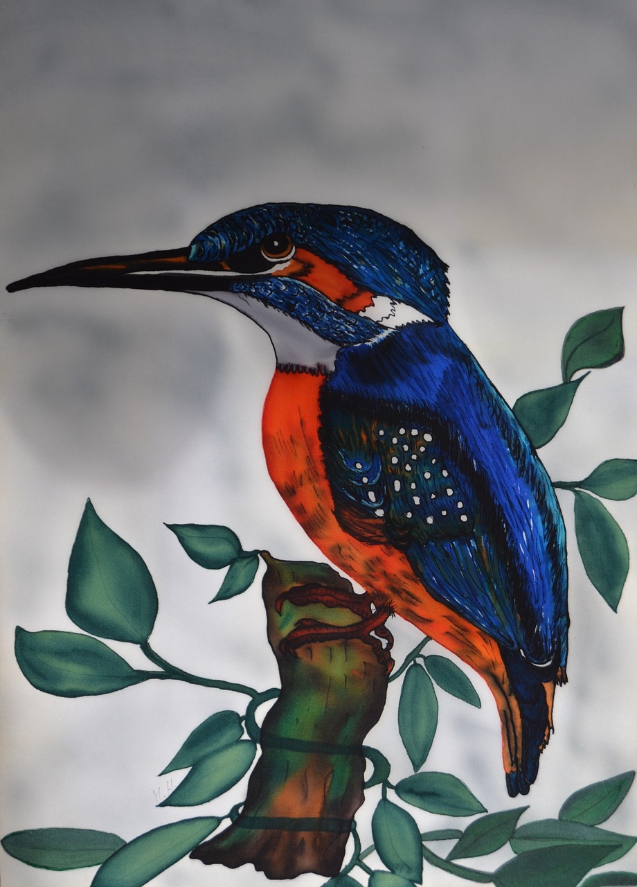 kingfisher alcedo atthis silk painting free photo