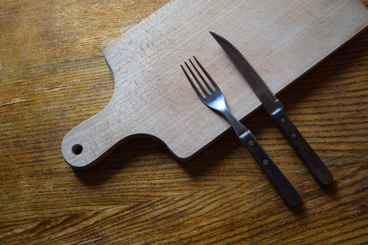 knife and fork cutting board wooden free photo