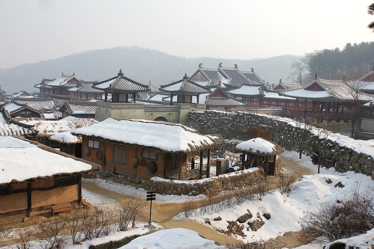 korean village snow traditional village korea free photo