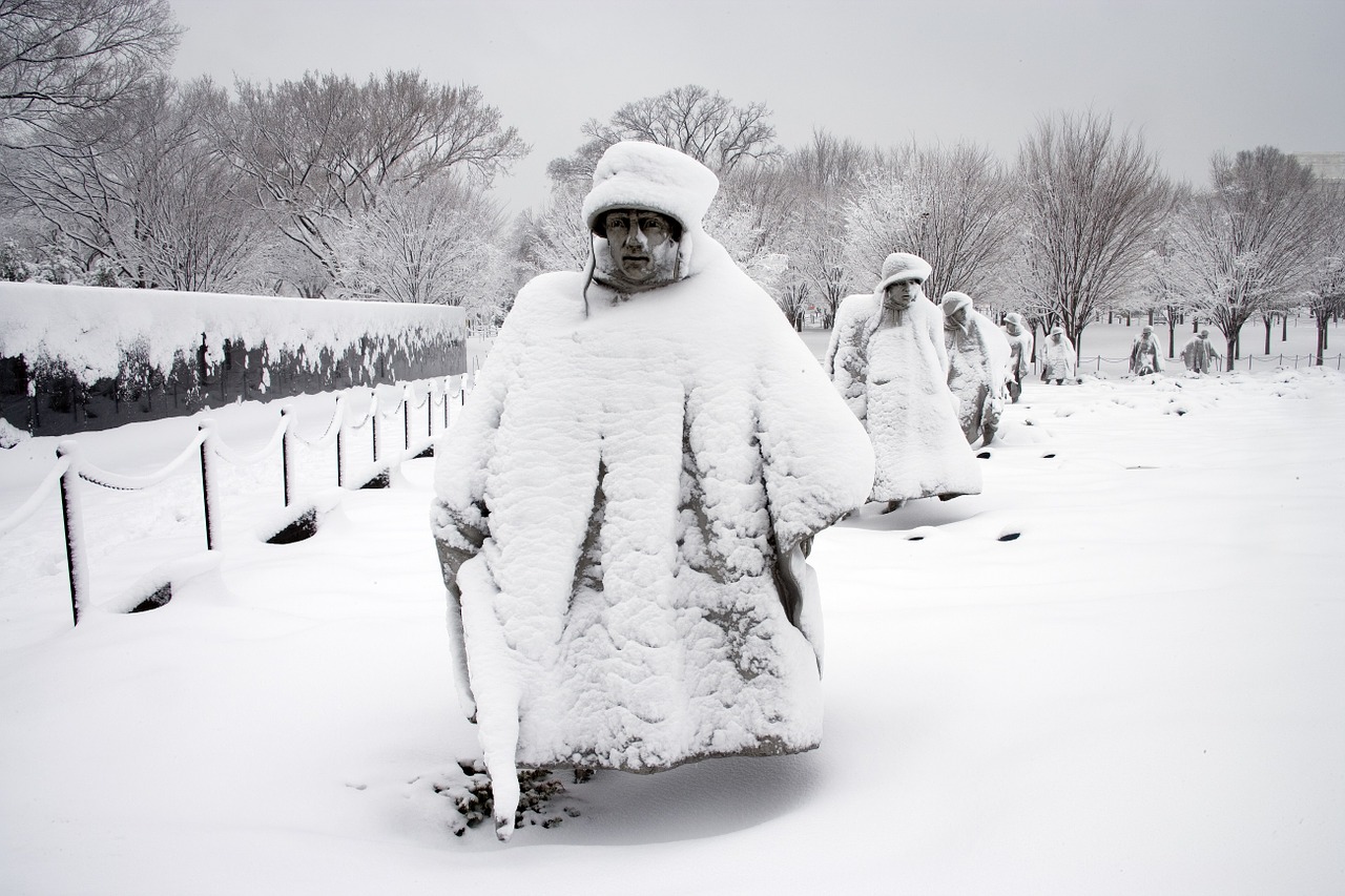 korean war memorial statues snow free photo