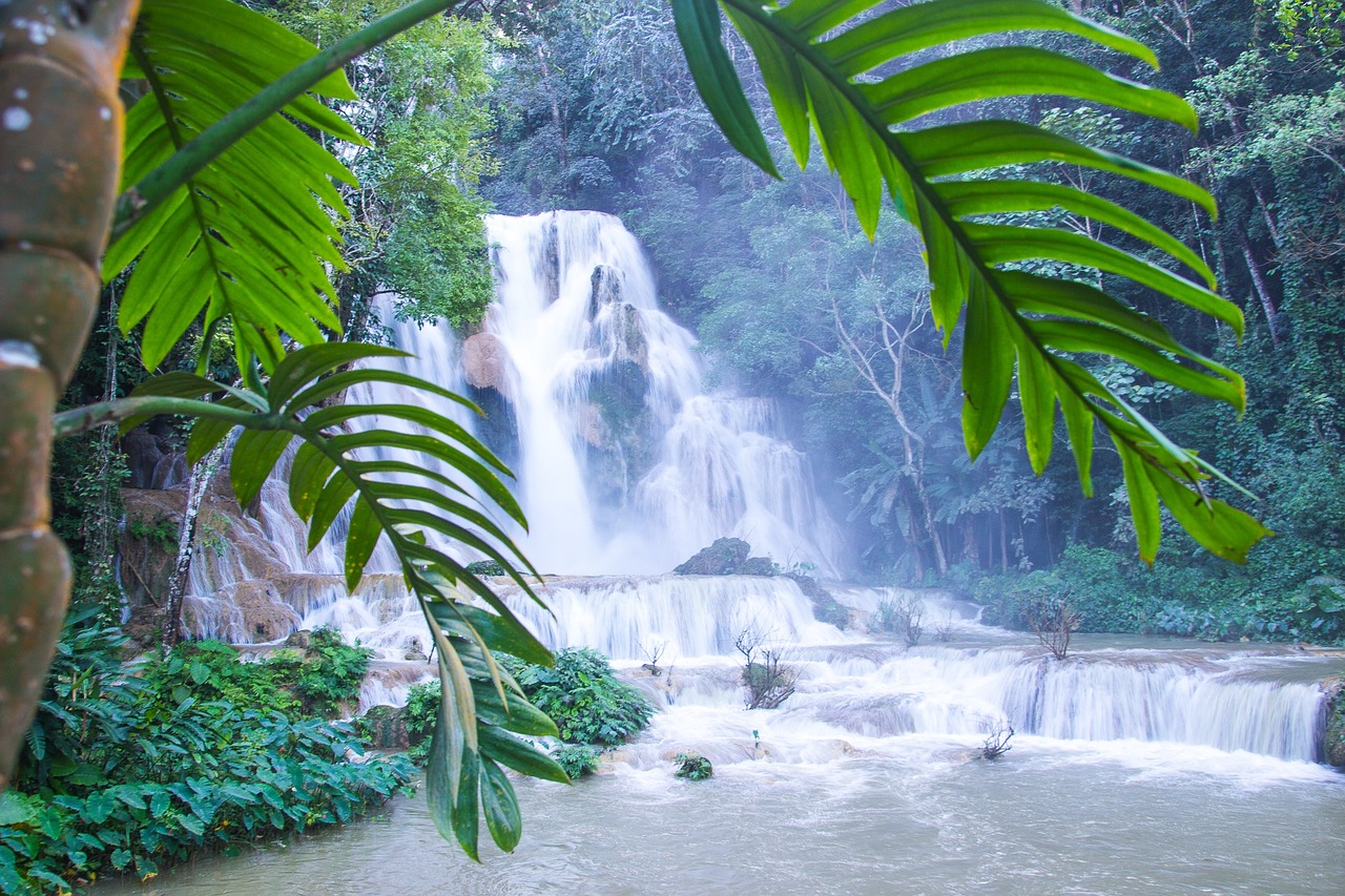 kuang si falls waterfall water play free photo