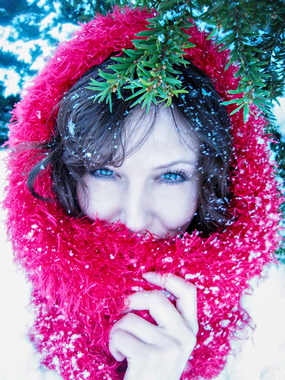 lady in red in the snow snowfall free photo