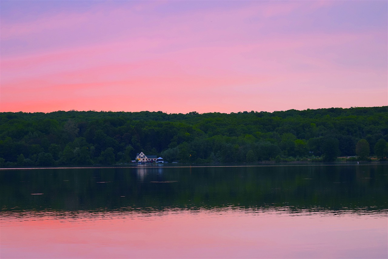 lake sunset pink sky free photo