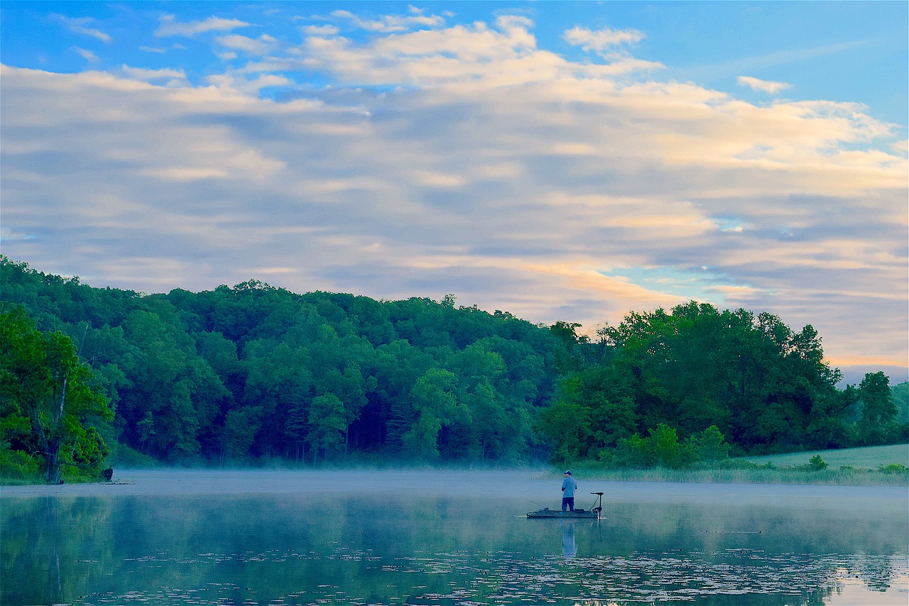lake fisherman morning mist free photo
