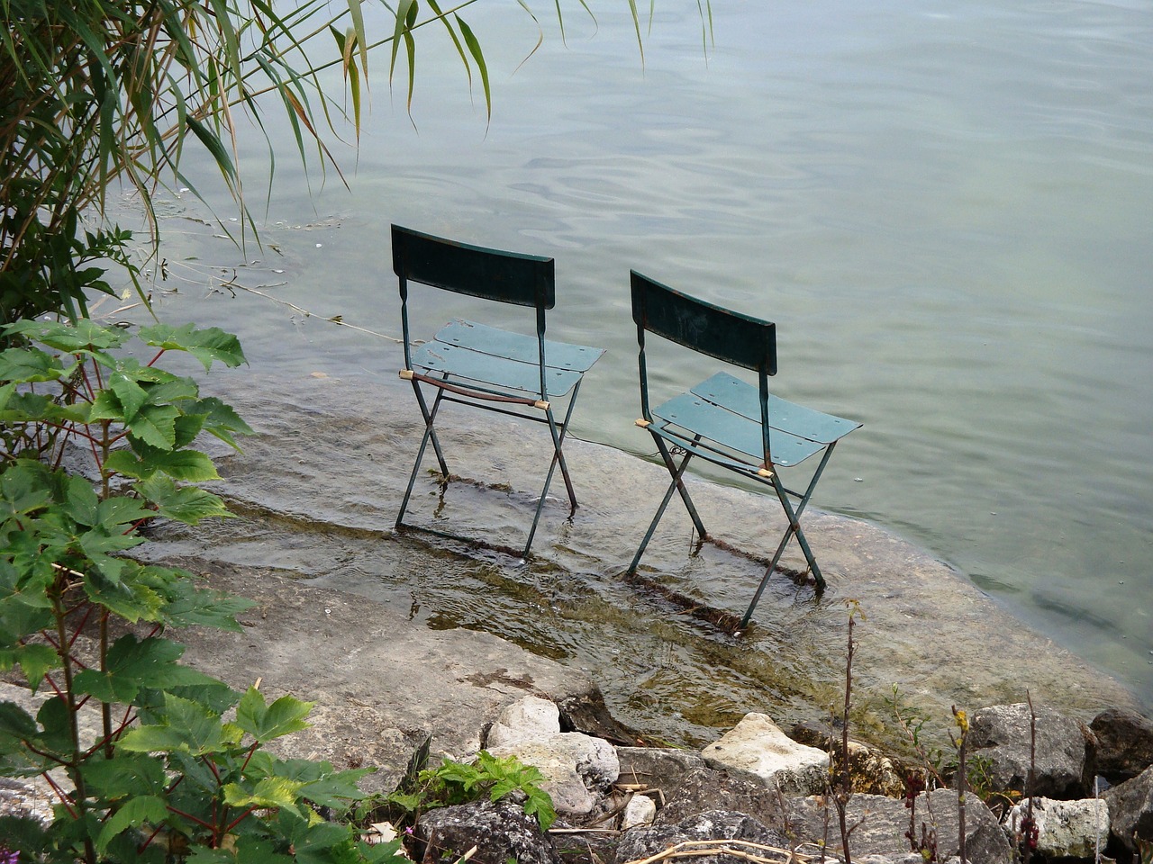 lake two chairs togetherness free photo