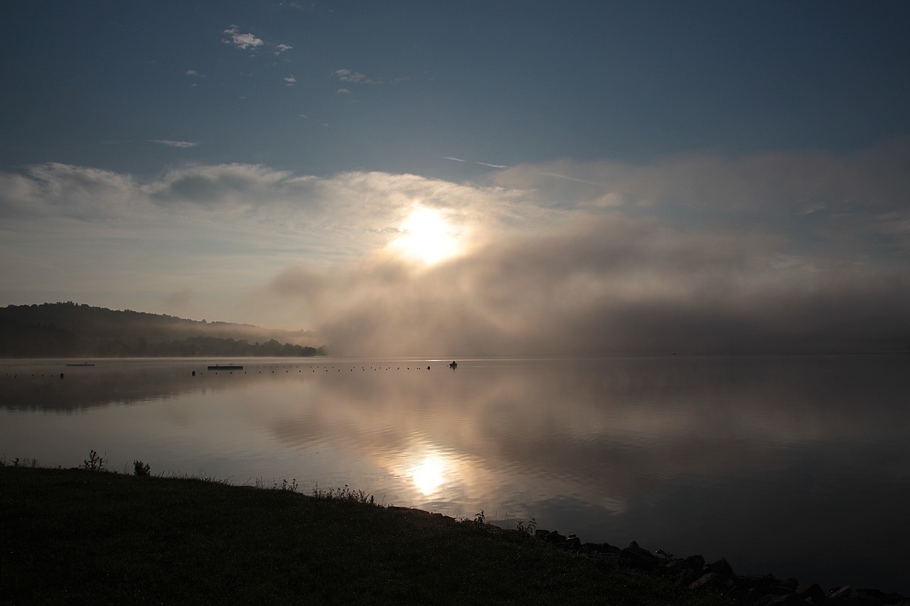 lake  morning sun  fog free photo