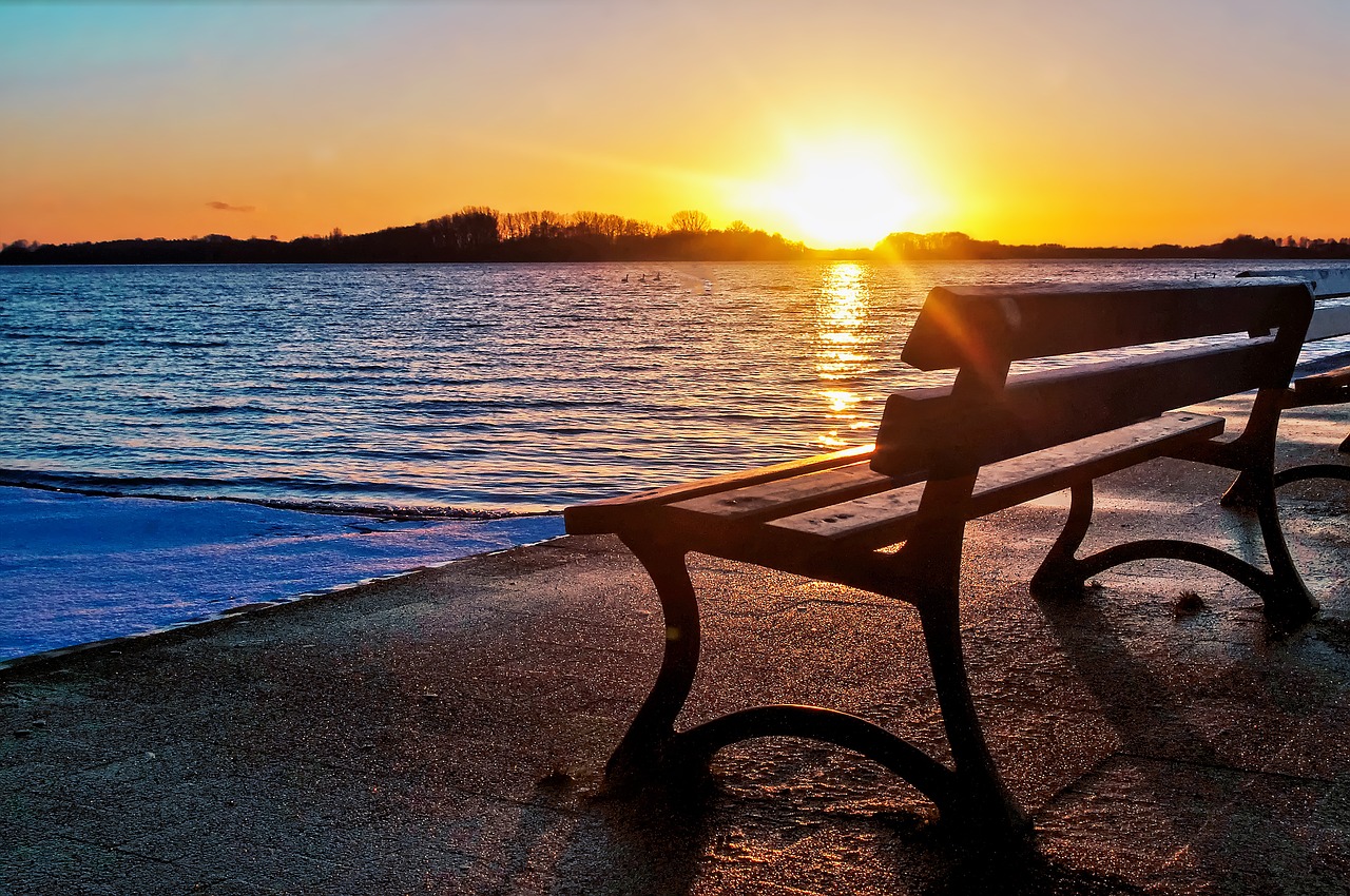 lake bench sunset free photo