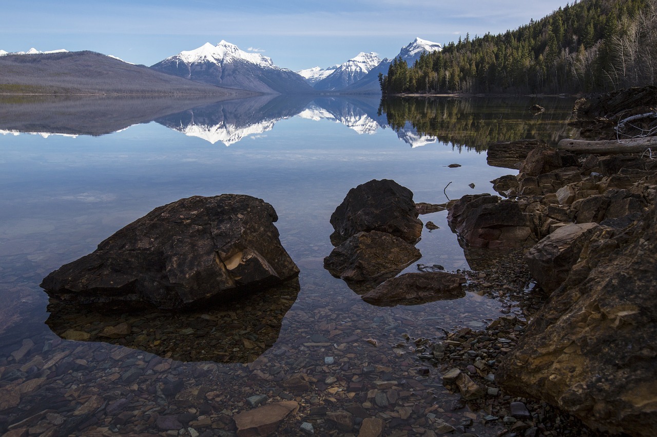 lake mcdonald rocks reflection free photo