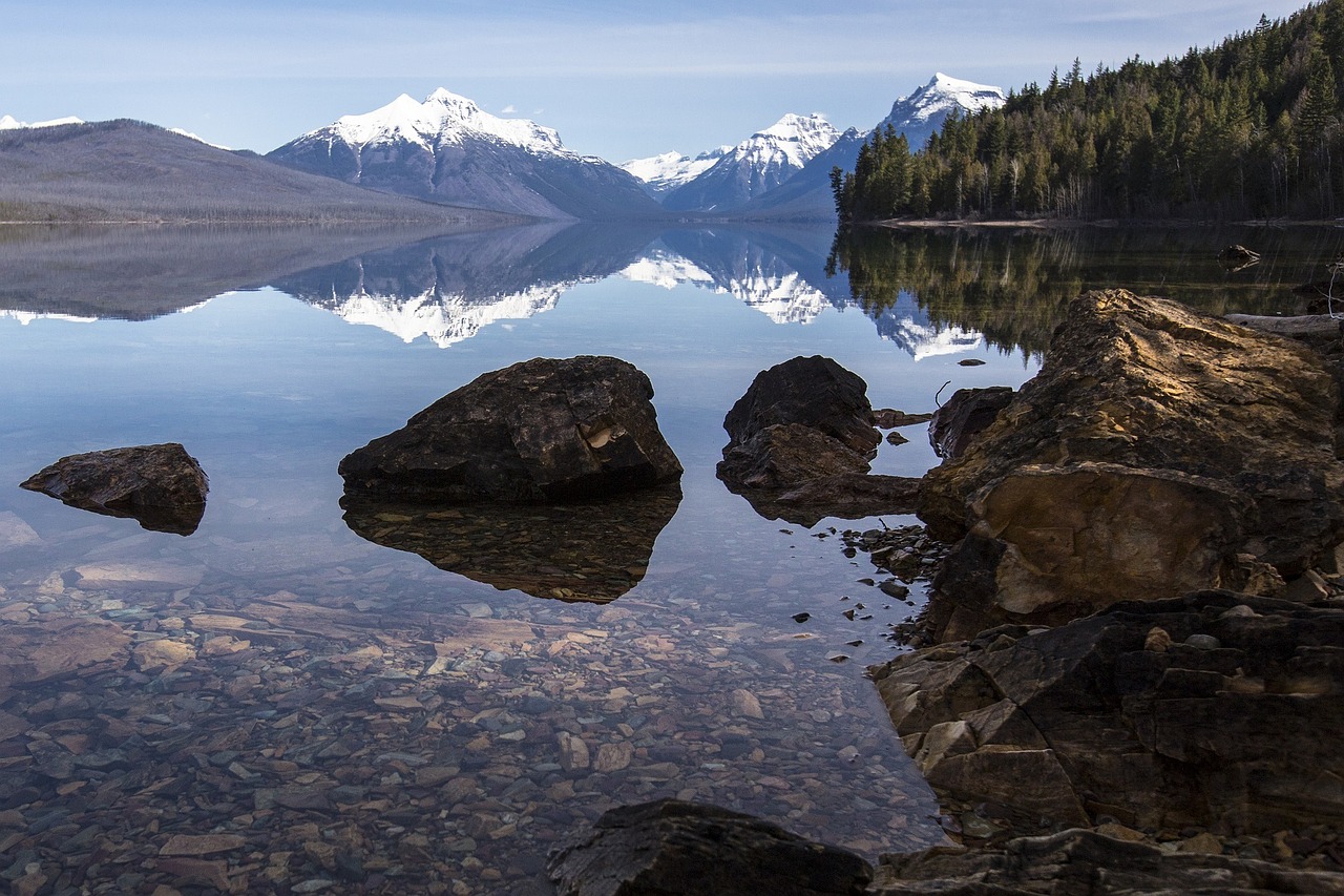 lake mcdonald rocks reflection free photo