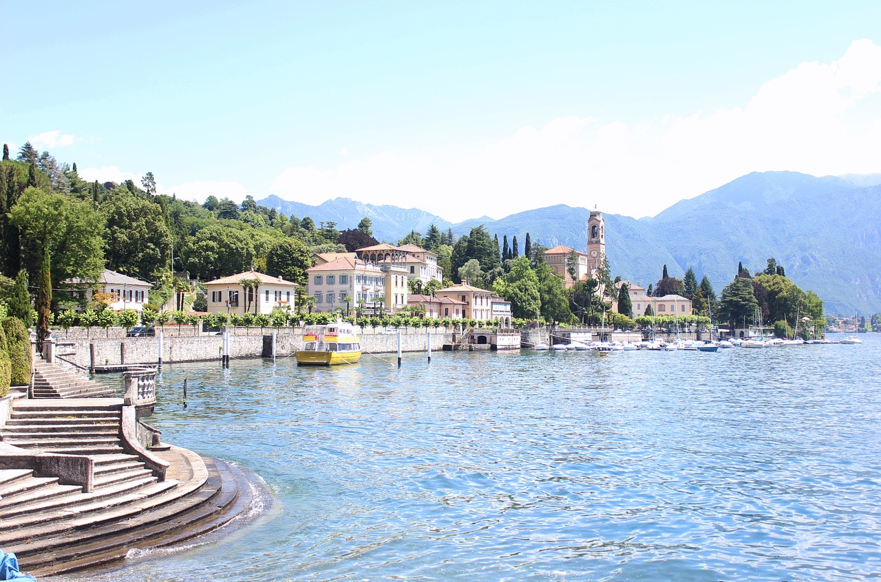 lakeside mansions mountains landscape free photo