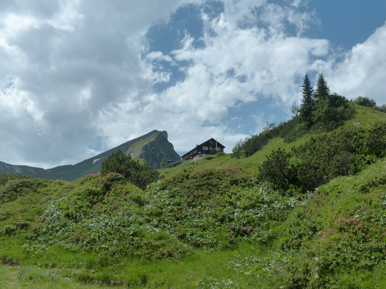 Гора хат. Зелёный один холм Альпийский. Высокогорья горы Чехова. Гроза в горах с лугом. Хатай горы.