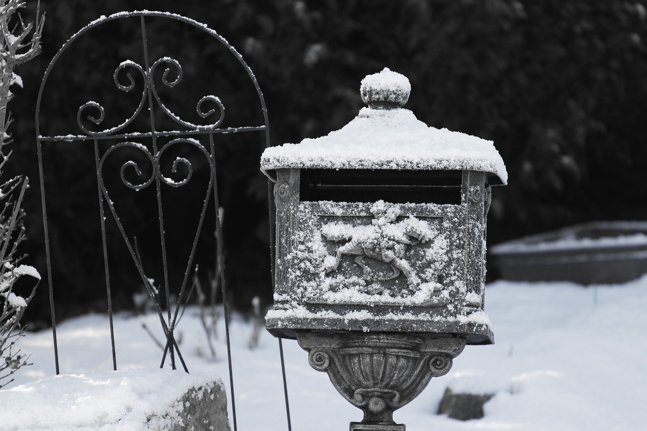 letters box black and white snow free photo