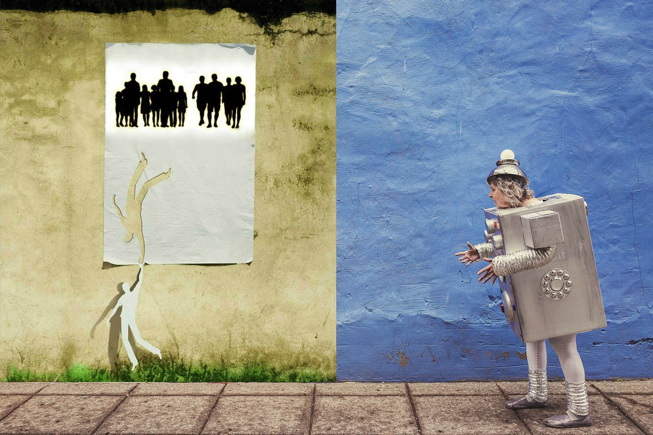 wall gray-blue poster with paper people free photo