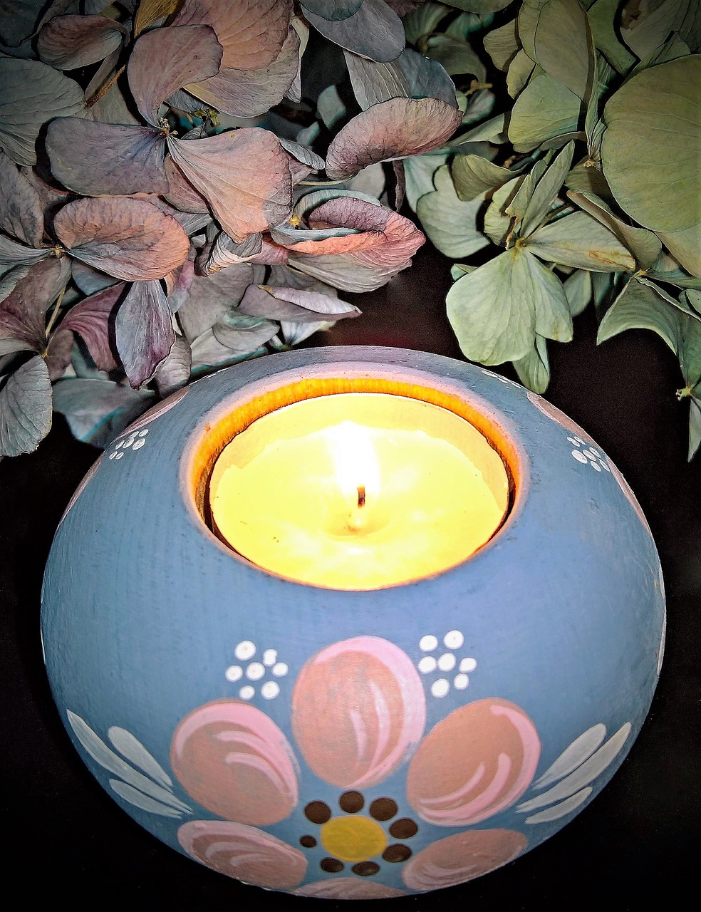 light tealight dried hydrangea flowers free photo