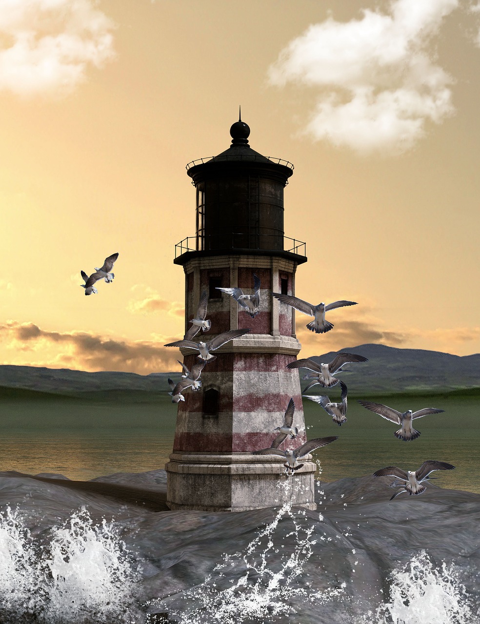 lighthouse gulls water free photo